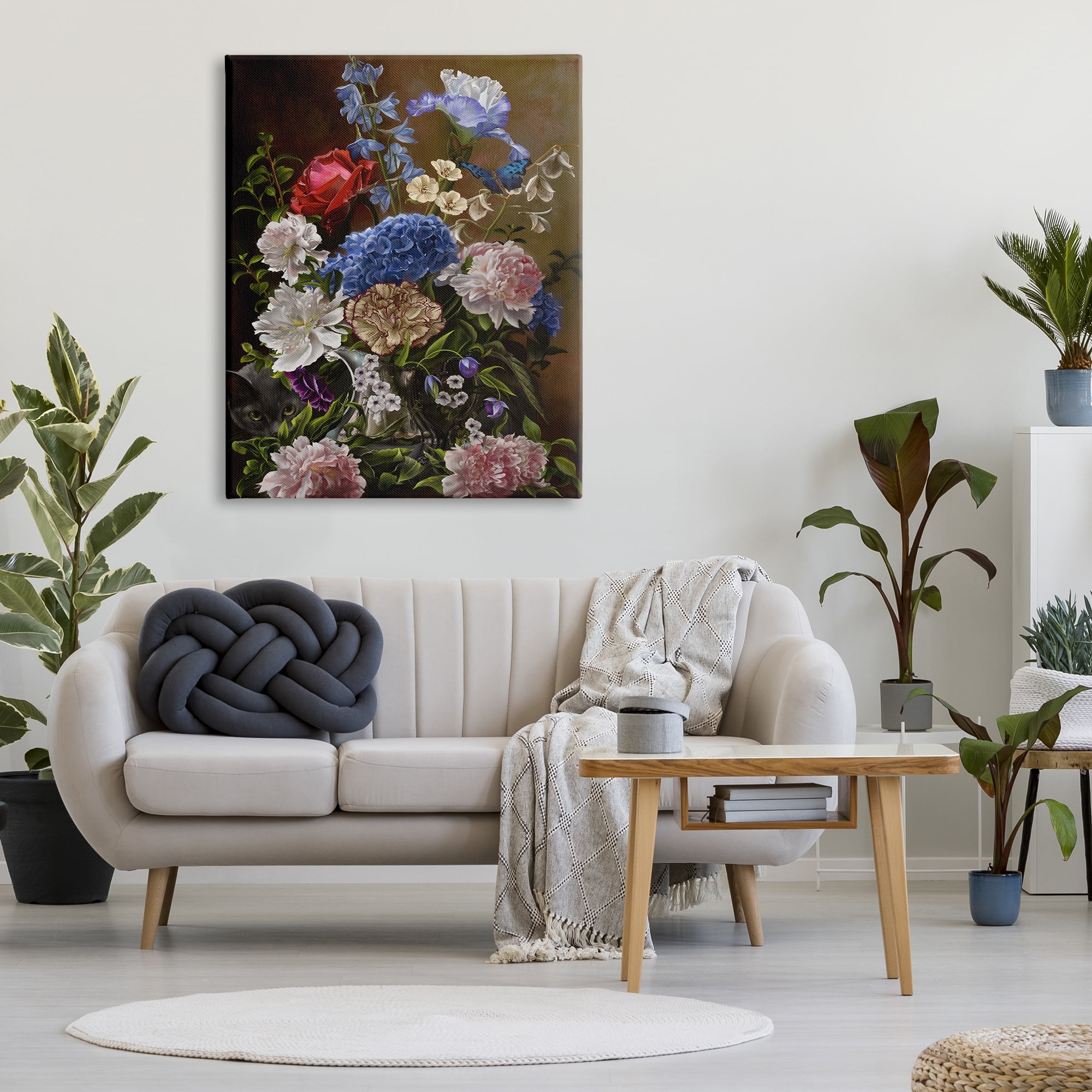 Stupell Industries Vintage Flowers & Cat Botanical & Floral Painting Gallery Wrapped Canvas Art Print Wall Art, 36 x 48