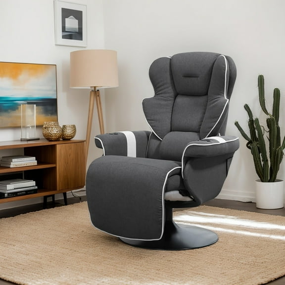 GVN Modern Recliner Chair, Manual Recliner, Swivel Lounge Armchair with Footrest and Two Cup Holders, Black
