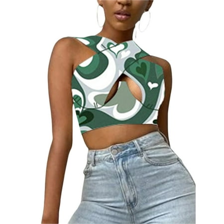 

Nokpsedcb Women Hollow Out Vest Lady Halter Criss Cross Tube Crop Tops Heart Print Sleeveless Basic Cami Dark Green XXXL
