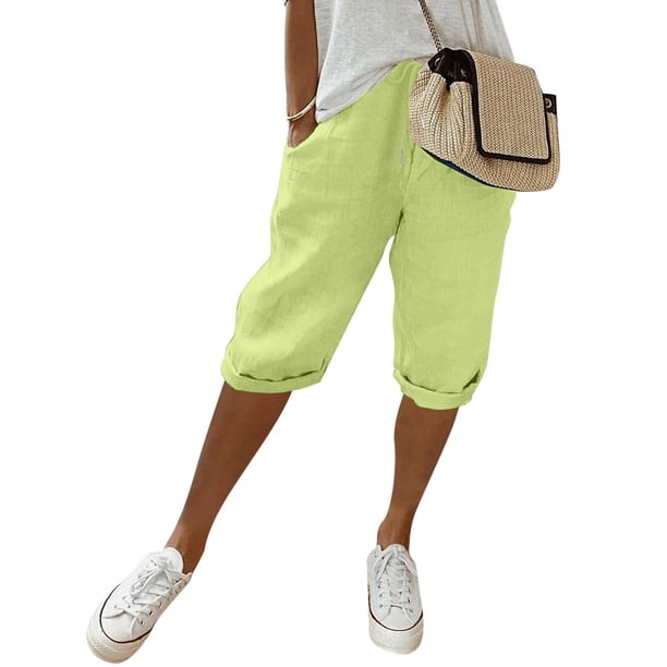 MKLEKYY Pantalones Cortos Para Mujer, Moda Femenina, Lisos, Con Bolsillos Grandes, Elásticos, Casuales, Capris Con Bolsillos