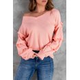 thumbnail image 2 of POGLIP Women's Pink Waffle Ruffled V Neck Loose Knit Top, 2 of 6