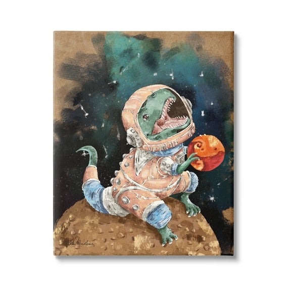 Stupell Industries T-Rex in Outer Space Animals & Insects Painting Gallery Wrapped Canvas Print Wall Art, 16 x 20