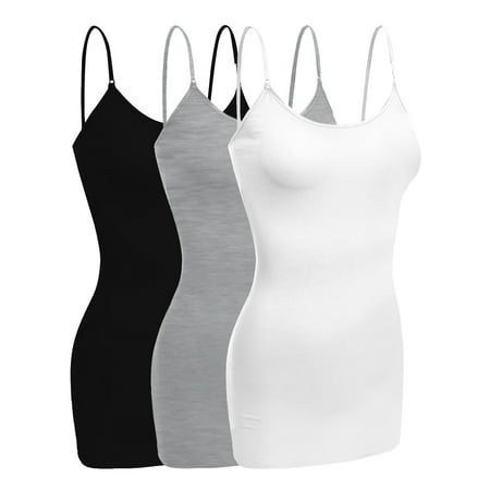 

Essential Basic Women Basic Built In Bra Spaghetti Strap Cami Top Tank - 3 Pk Hgray Black White M