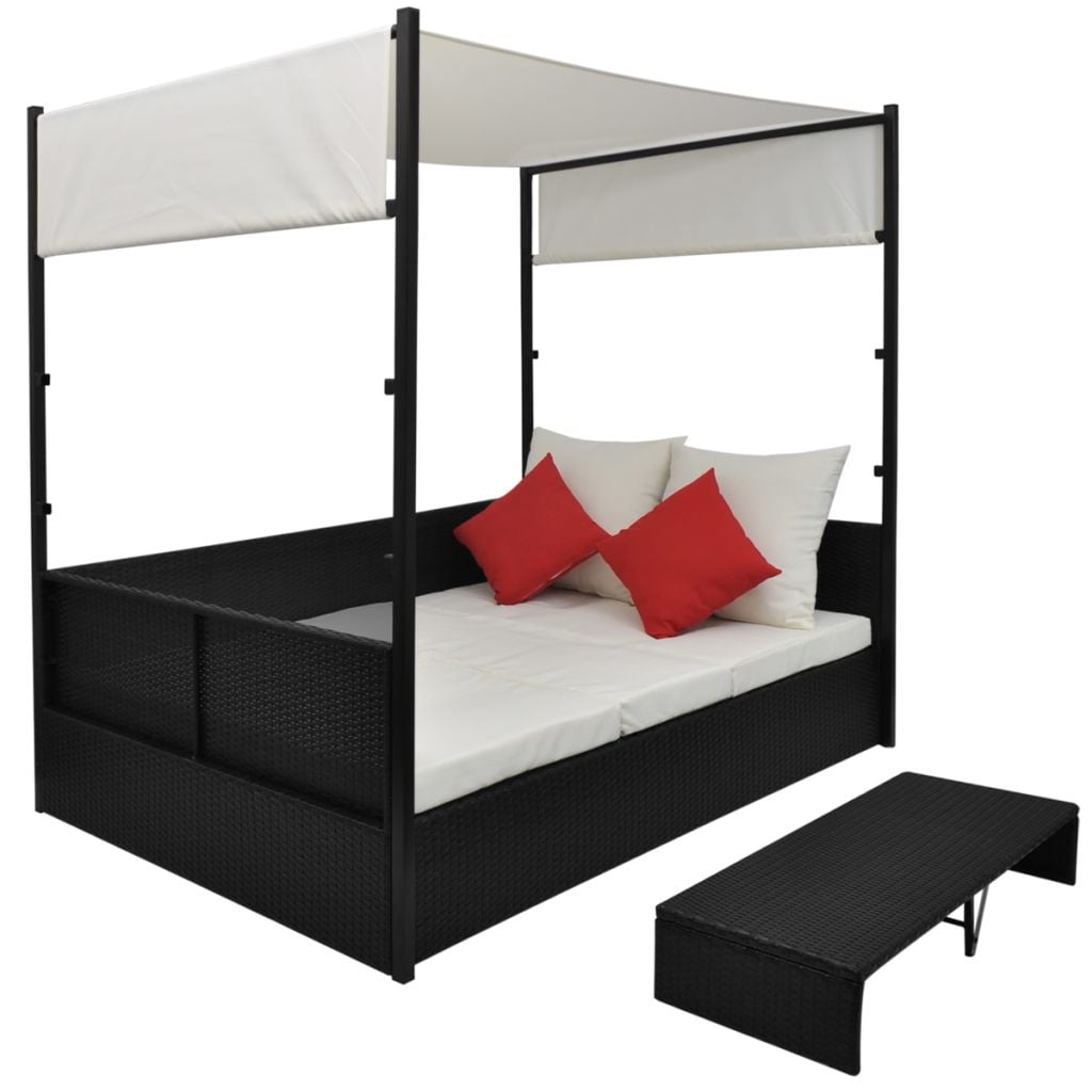 Kepooman Outdoor Rattan Double Chaise with Canopy & Bed Coffee Table, Black Kepooman Outdoor Rattan Double Chaise with Canopy & Bed Coffee Table, Black