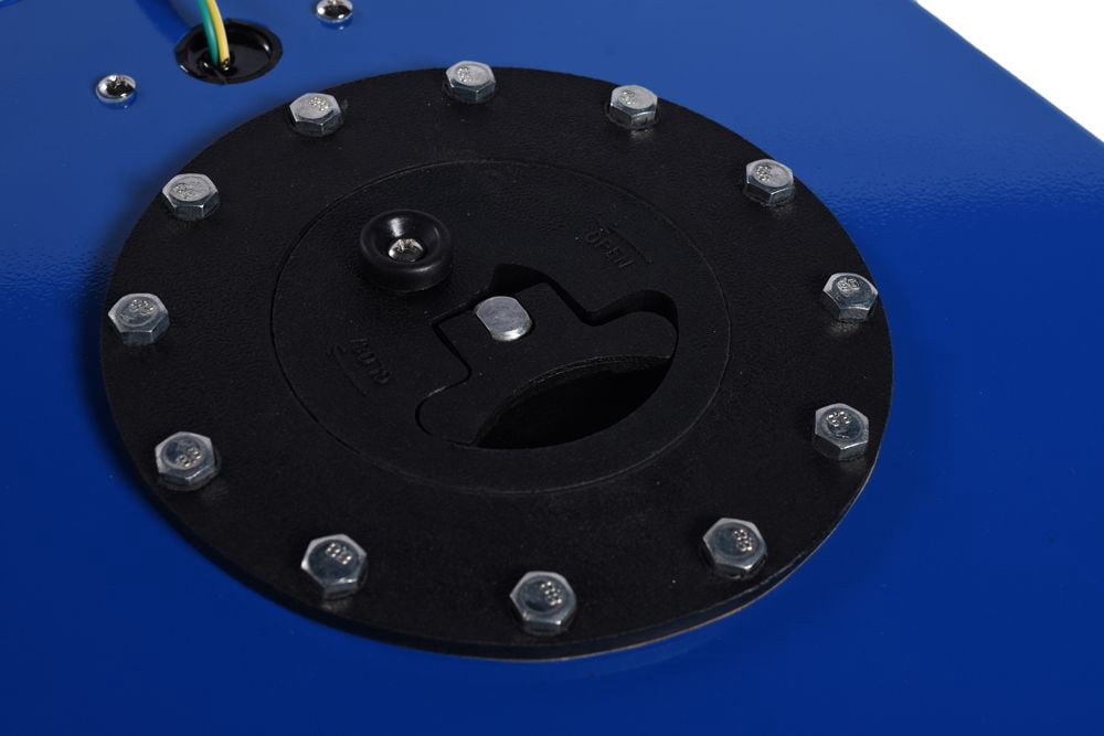 Universal 5 Gallon 20L Aluminum Fuel Tank with 0-90 Ohm Fuel Sender, Blue Finish, Dual -10 Outlets & Vent Outlets, Includes Anti-Slosh Foam, 12x12x8 in, SKU 37899589