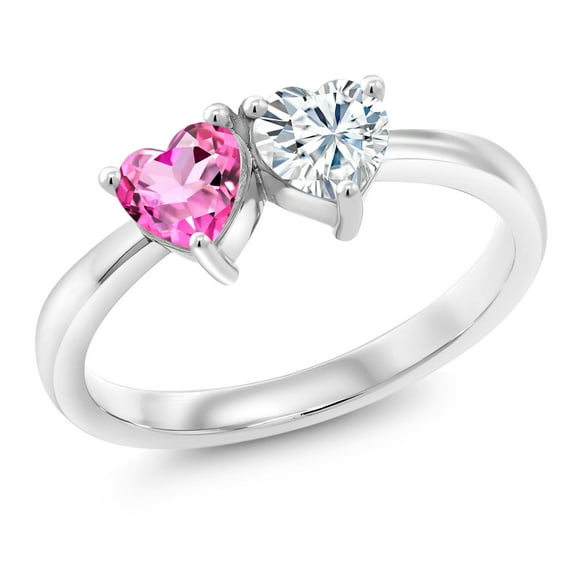 Gem Stone King 925 Sterling Silver Fashion Right-Hand Ring Heart Shape Pink Mystic Topaz and Moissanite (1.02 Cttw, Size 6)