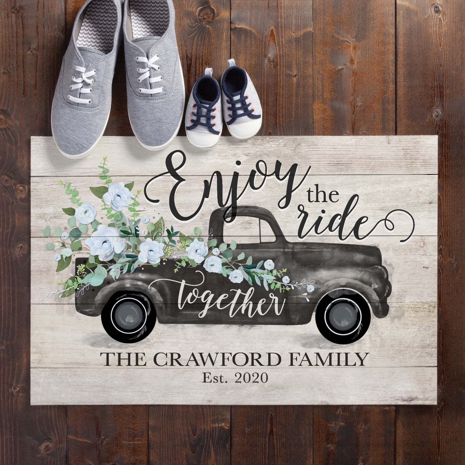 Personalized Planet 27x18 Enjoy the Ride Together Vintage Pickup Truck Personalized Doormat on Durable Indoor Outdoor 1/8" Thick Low Profile Mat with Non Slip Rubber Backing