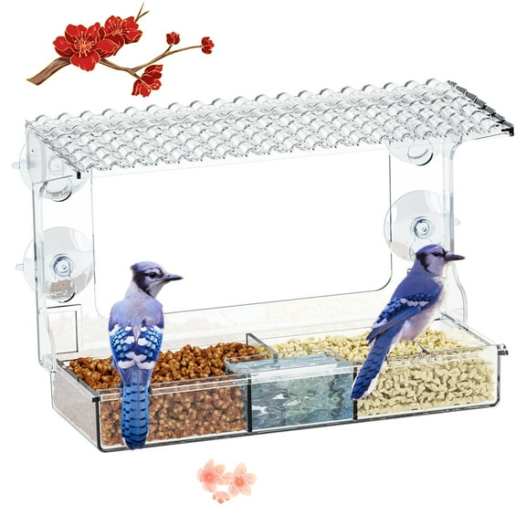Window Bird Feeder for Outdoors, Clear Birds Feeders Window Mounted with 4pcs Suction Cup, Outside Wild Bird Watching for Hummingbird,Finch in Garden, Yard, Elderly Kids Viewing