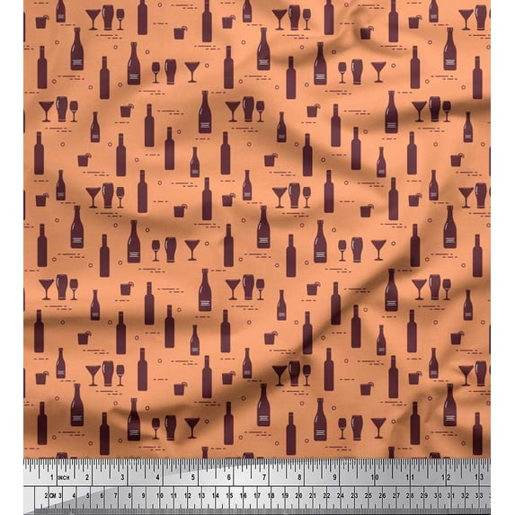 Soimoi Modal Satin Fabric Bottle & Wine Glass Bar Printed Fabric 1 Yard 42 Inch Wide