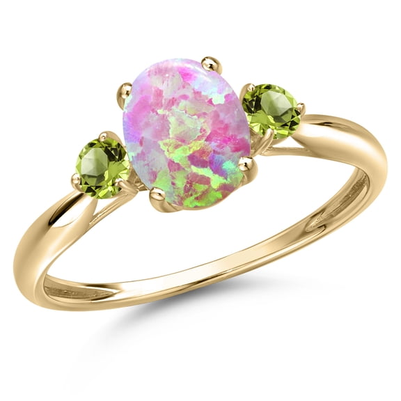 Gem Stone King 10K Yellow Gold Simulated Pink Opal and Green Peridot 3-Stone Ring for Women | 1.29 Cttw | Oval Cabochon 8X6MM | Gemstone October Birthstone | Size 8