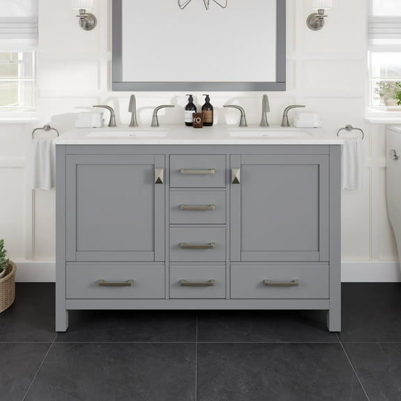 Eviva Aberdeen 48 in. Gray Double Sink Bath Vanity with Carrara Quartz Top and Undermount Porcelain Sinks
