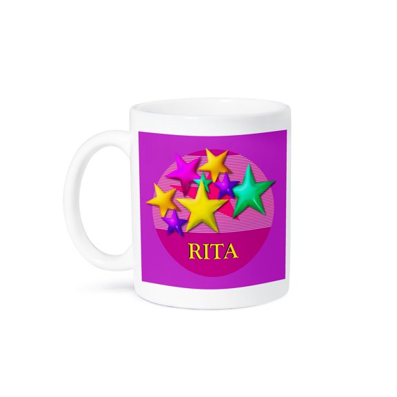 3dRose, Vibrant colored stars on a pink background with the name RITA, 15oz Mug