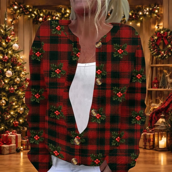 Stralyhd Christmas Cardigan for Women Plus Size Buffalo Plaid Christmas Print Button Down Cardigan Sweaters Fall Fashion Lightweight Open Front Knitted Womens Sweaters Deep Red XL