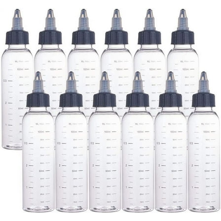 1 Set 12PCS 110ml Scale Empty Plastic Squeeze Bottles with Black Twist Cap Graduated Squeeze Dispensing Bottles for Ink Liquid Oils Gels Glue
