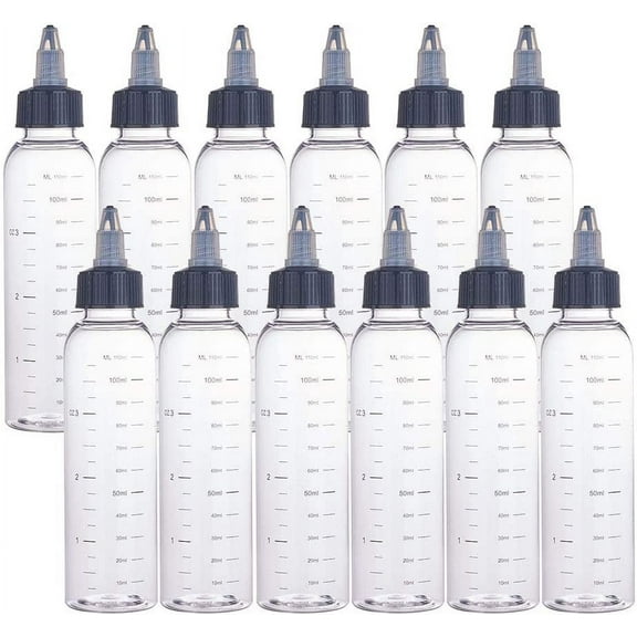 1 Set 12PCS 110ml Scale Empty Plastic Squeeze Bottles with Black Twist Cap Graduated Squeeze Dispensing Bottles for Ink Liquid Oils Gels Glue