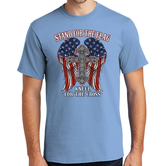 Mens Kneel for the Cross, Stand for the Flag Tee Shirt, 5XL Light Blue