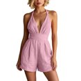 thumbnail image 3 of Tqcoqu Women's Halter Neck Deep V Tie Back Romper With Pockets,Backless Waistband Summer Casual Short Romper,Pink Women's S-XXL, 3 of 10