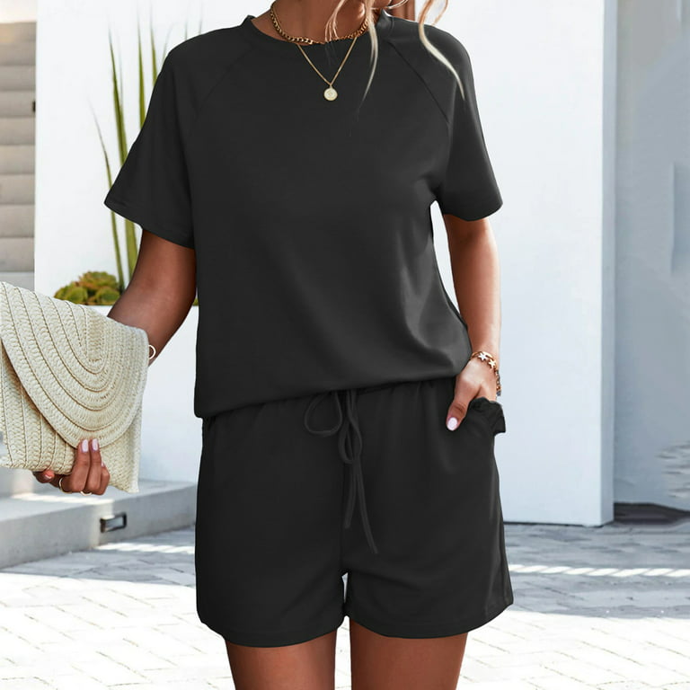 Womens Two Piece Outfits Solid Color Tops Blouse T Shirt Shorts Set With  Pockets Junior Swim Shorts