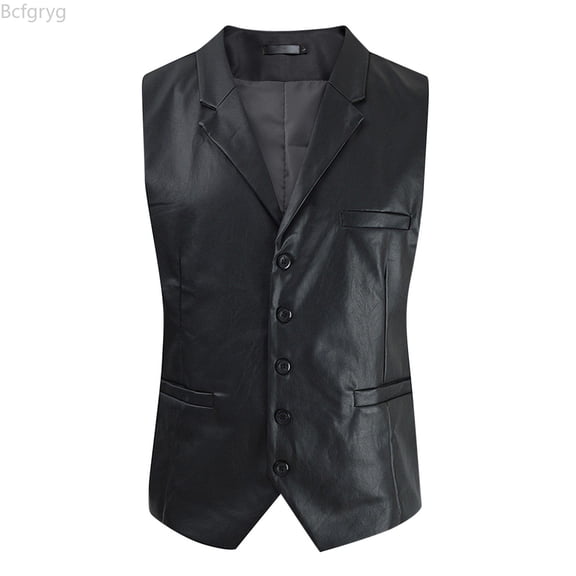 Bcfgryg Mens Slim Fit Leather Vest PU Leather Vest Single Breasted Vest Vest For Men Black L
