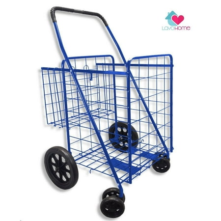 LavoHome Premium Heavy Duty Metal Folding Shopping Cart with Double Basket - Jumbo Size 150 lb Capacity Black With Spinning Wheels - Make Grocery Shopping Easy (Blue)