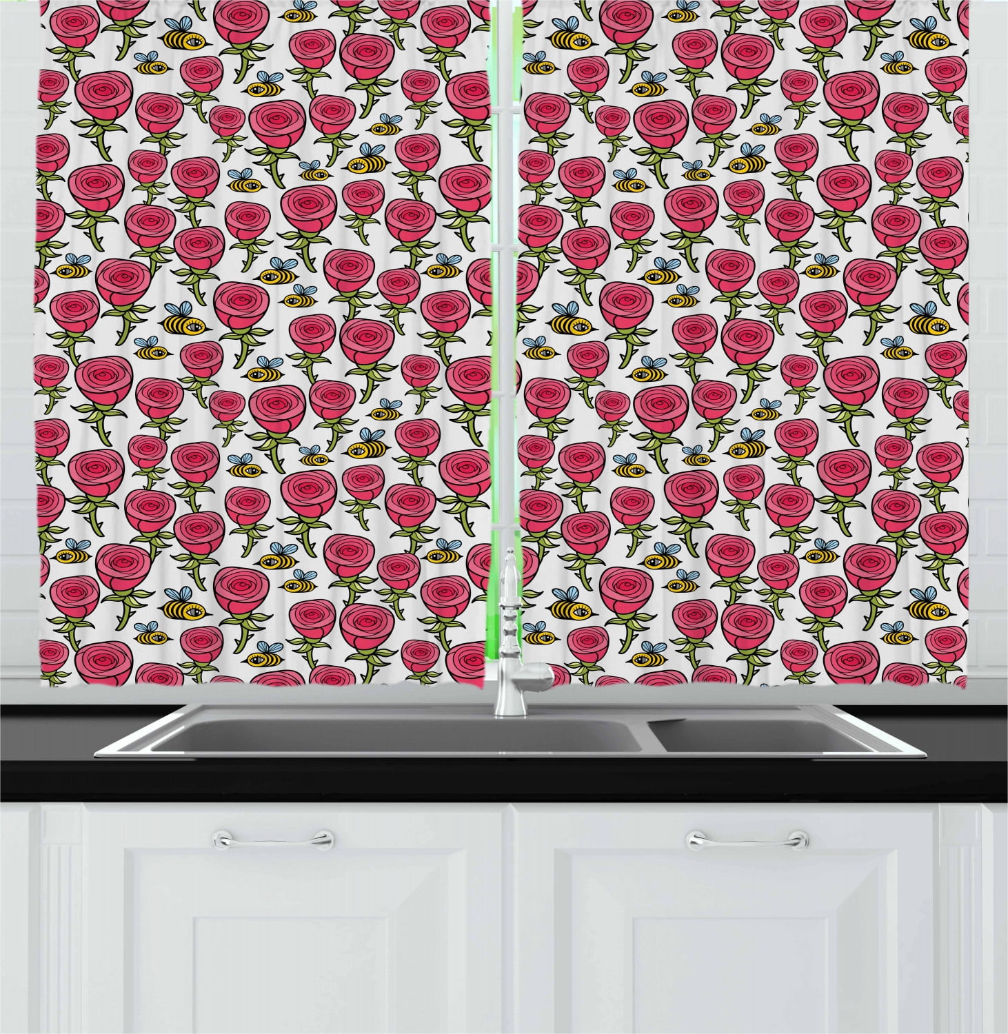 Bee Curtains 2 Panels Set, Pattern of Rose Buds Bouquets and Flying