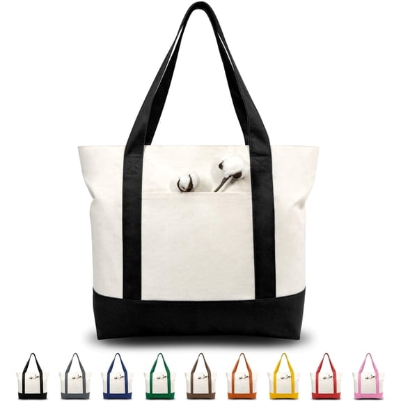 Bag with an External Pocket, Reusable Grocery Shopping Bag, Top Zipper Closure, Daily Essentials, Black/Natural Pack of 1