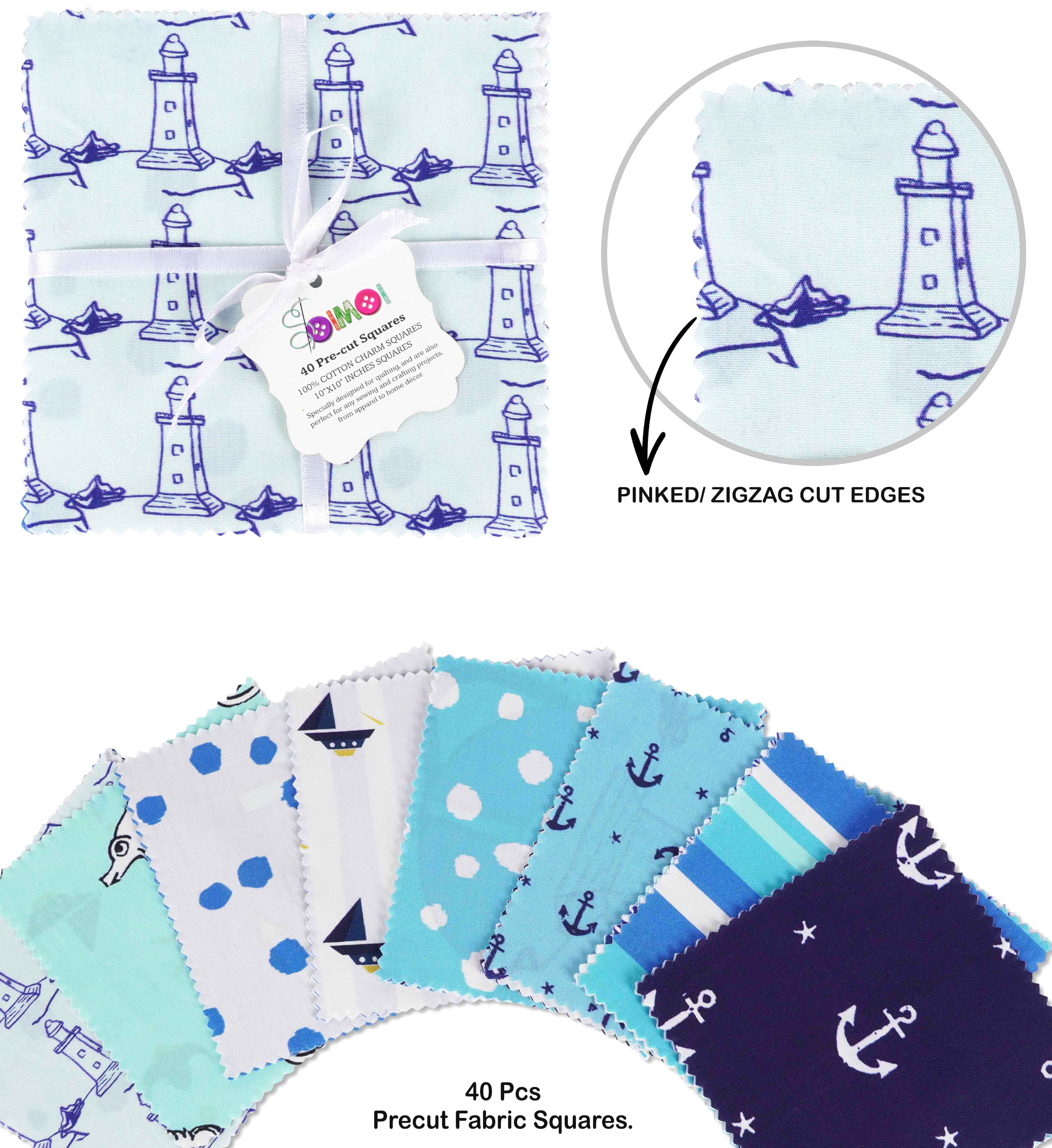 Soimoi Precut 10-inch Nautical Prints Cotton Fabric Bundle Quilting Squares Charm Pack DIY Patchwork Sewing Craft- Blue