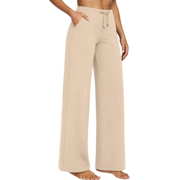 Ecqkame Women's Fleece Lined Yoga Pants Wide Leg Drawstring Waist Warm Sports Trousers Casual Loose Workout Leggings with Pockets Beige XXL