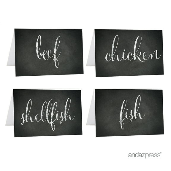 Beef, Chicken, Fish, Shellfish Black Food Station Buffet Menu Place Cards, Vintage Chalkboard, 20-Pack
