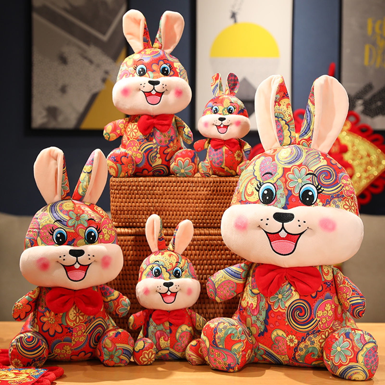 HYDa Rabbit Plush Toy Colorful Printed Bunny Doll Plushies Festival Decoration Lovely Stuffed