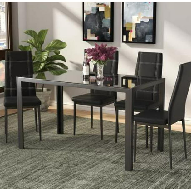 Kitchen Table And Chair Sets 5 Pcs Glass Dining Table Set With 4 Leather Chairs Modern