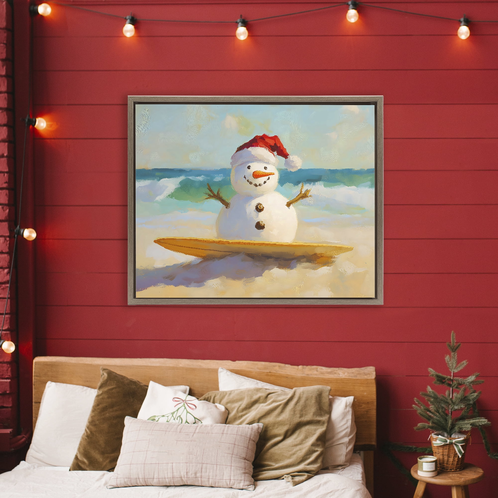 Stupell Industries Surfer Snowman on Beach Brown Framed Floater Canvas Wall Art, design by The Prints Vibe