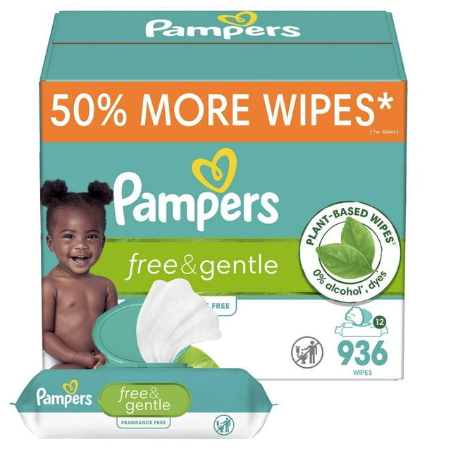 Toallitas Pampers Free & Gentle 936 para bebés, 12 paquetes con tapa abatible
