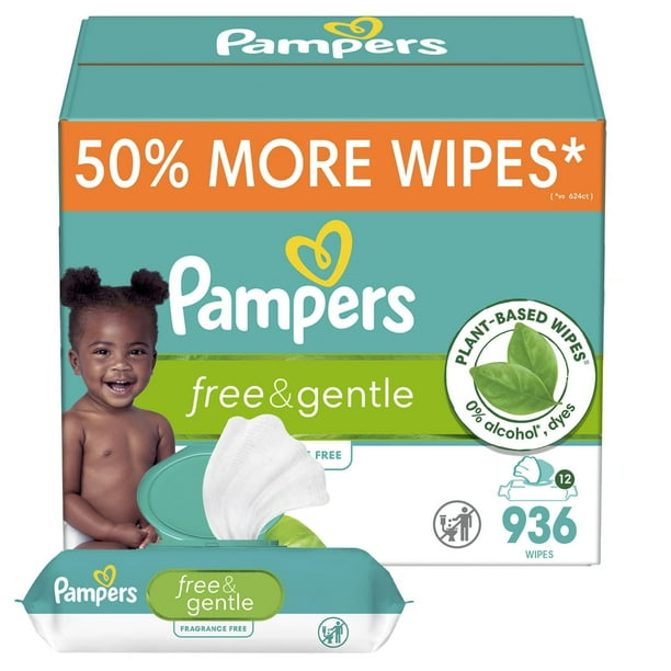 Toallitas Pampers Free & Gentle 936 para bebés, 12 paquetes con tapa abatible