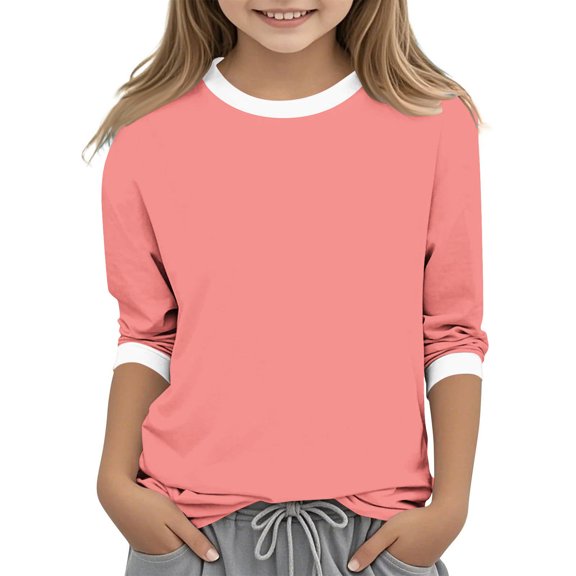 VIPOIN Girls 3/4 Length Sleeve T-Shirt Round Neck Contrast Trim Tee Versatile Basic Top