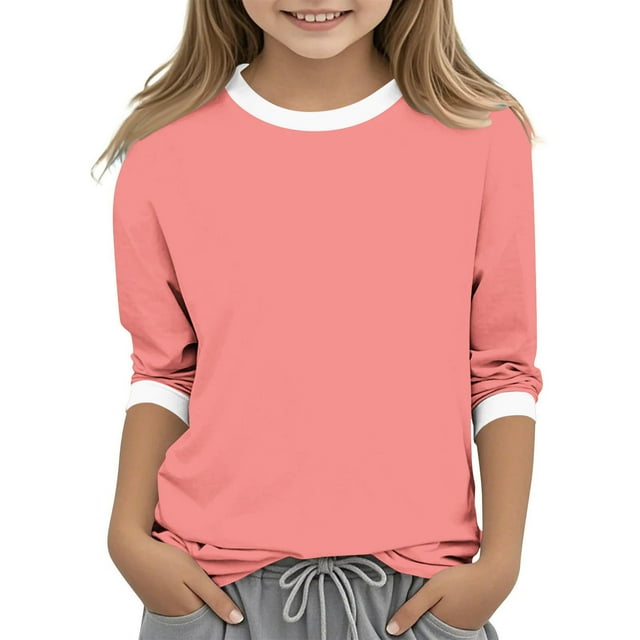 Zpanxa Girls Athletic Shirts Solid Color Three Quarter Sleeve Round Neck Polyester Spandex Top 3 Years