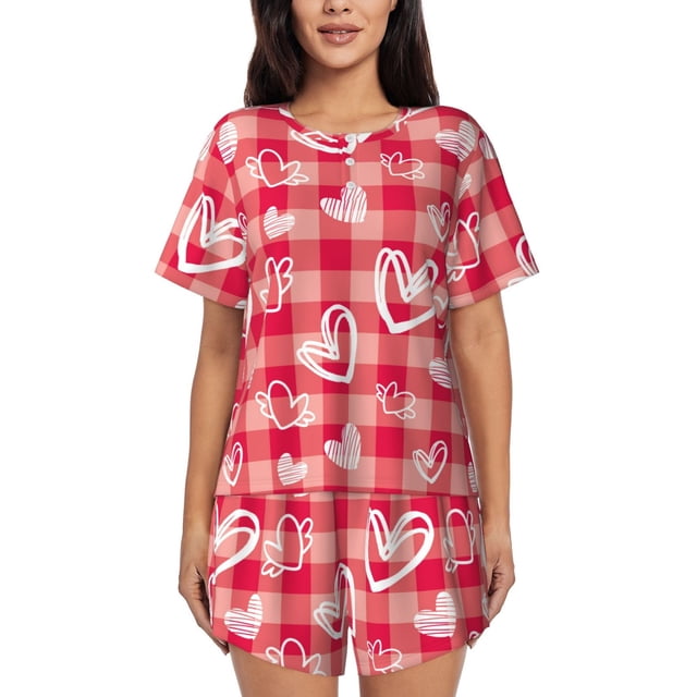 Balery valentine day with heart Conjunto de Pijama para Mujer con Estampado, Dos Piezas de Manga Corta y Shorts, Ropa de Dormir Suave con Cuello Redondo y Bolsillos-X-Large