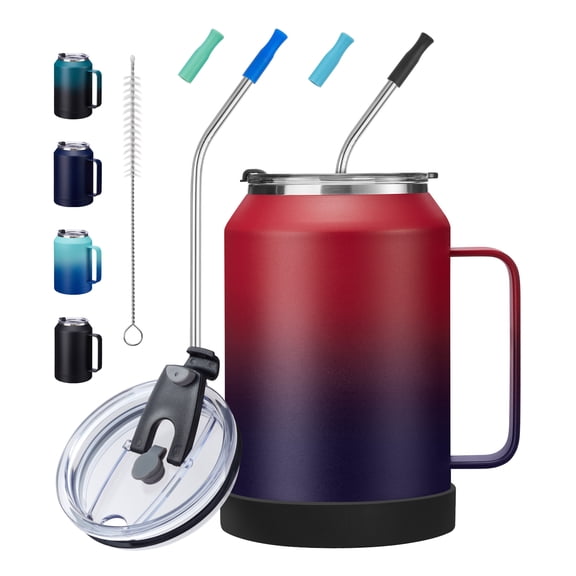 32oz Insulated Stainless Steel Tumbler Cup with Handle, Double Wall Thermal Coffee Cup Keep Cold-36H Hot-24H, Leak Proof Straw Lid Travel Mug, Reusable Home Office Work Wide Mouth Water Bottle