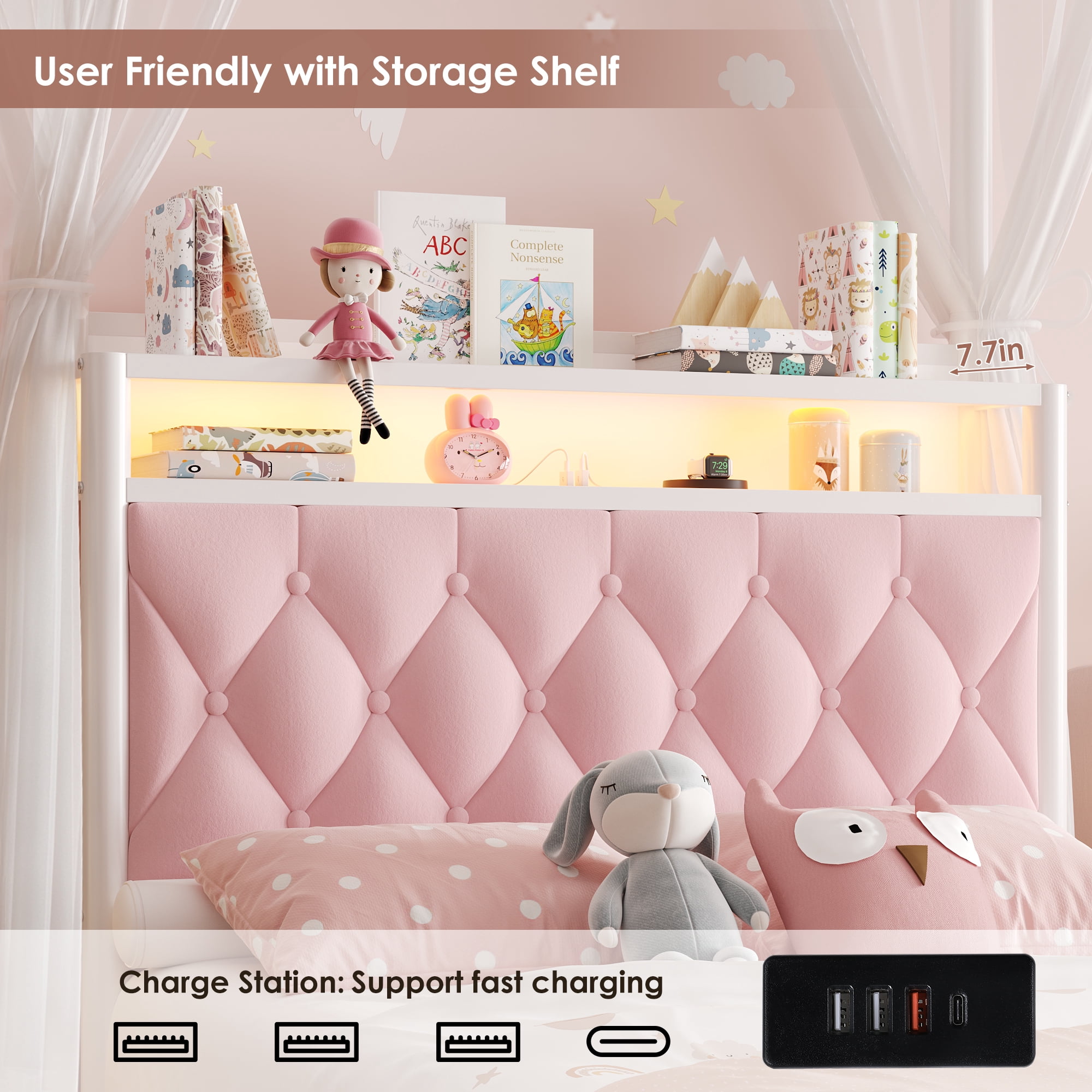 Hiphuta Twin Size Upholstered Canopy Bed with Charging Station & Storage Drawer, LED Beds with 4 Removable Posts, Twin Bed Frame, Pink