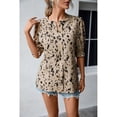 thumbnail image 4 of Blusa de mujer con cuello redondo, mangas abullonadas, detalle estampado y puños fruncidos, top informal para citas, talla M, color caqui elegante, 4 of 8