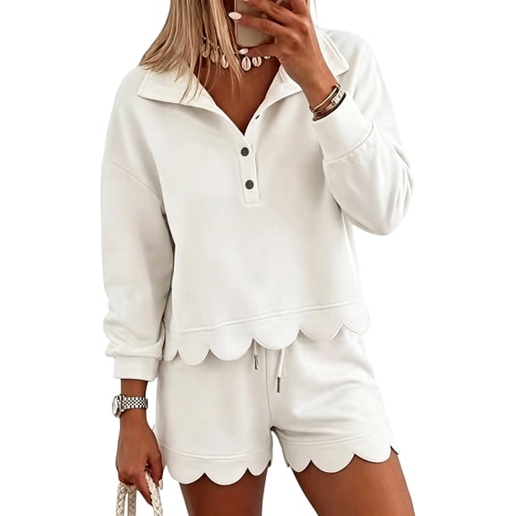 Womens 2 Piece Sets Sweatsuits Casual Half Button Long Sleeve Tops and Shorts Sweatshirt Workout Lounge Sets Beige S