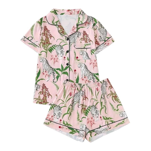 ATAIKU Womens Pajamas Sets Animals Tiger Short Sleeve Button Down Sleepwear Top and Shorts 2 Piece Pjs Lounge Set S-XXL