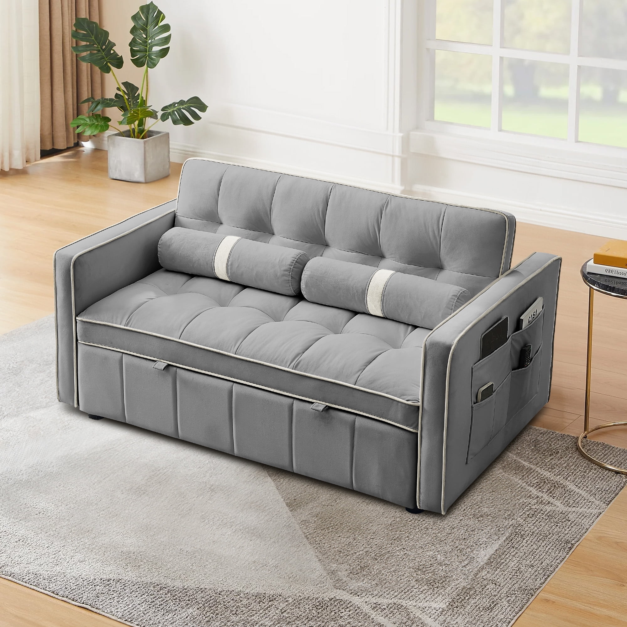 Muumblus 55" Pull Out Sofa Bed - Tufted Velvet Convertible Loveseat Sleeper Sofa Couch for Living Room, Gray