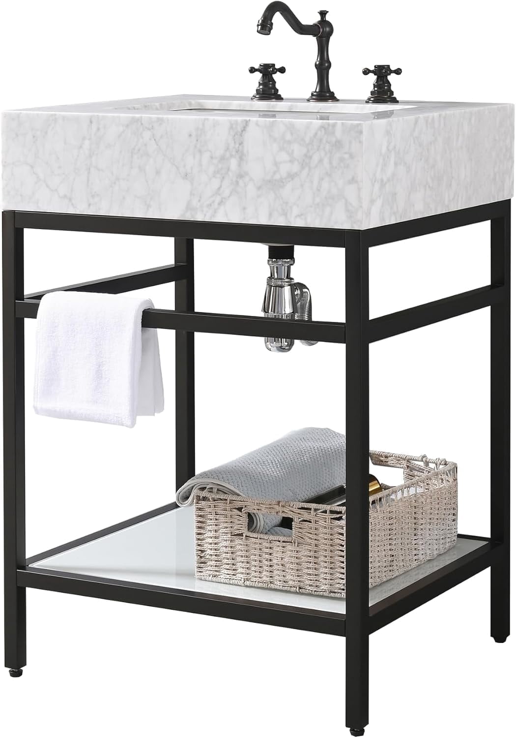 GGISHA24"x 21"Freestanding Bathroom Vanity with Sink,Carrara Marble,Black Frame,Tempered Glass Shelf