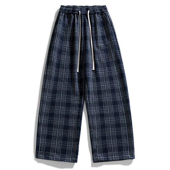 Lopecy-Sta Mens Casual Baggy Pants Wide Leg Plaid Pants Drawstring High Waist Color Blocking Casual Elastic Waist Trouser