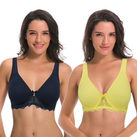 Curve Muse Women s Plus Size Unlined Underwire Lace Bra with Cushion Straps-2PK-NAVY  LIGHT YELLOW-42C