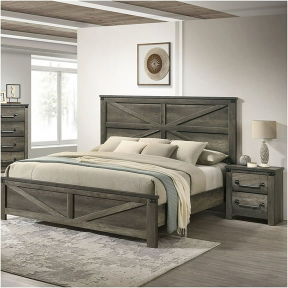 JERFIT Queen Bedroom Set with 2 Nightstands, Farmhouse Bed Frame with Upholstered Headboard, Gray Wood & Metal Queen Size Bed Set for Modern Home