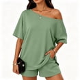 thumbnail image 2 of 2 Piece Sets for Women Summer Off the Shoulder T Shirt Casual Shorts Matching Comfy Lounge Sets Airport Travel Outfit,Light Green,XL, 2 of 8