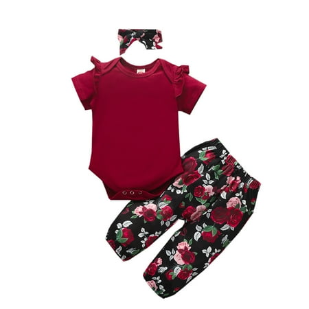 

Baby Girls Floral Print Short Sleeve Romper Pants Hairband Outfits Set Casual Clothes For 6-9 Months