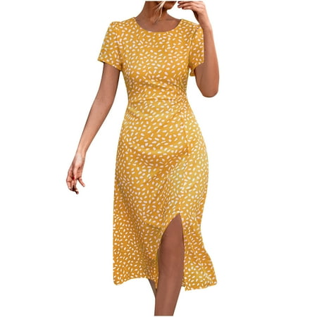 

jsaierl Summer Dress Women 2023 Vacation Print Dress A Line Short Sleeve Midi Dress Tunic Crew Neck Sun Dress